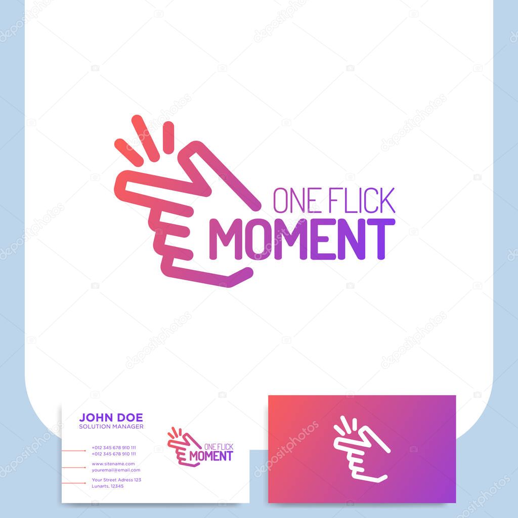 Fingers snap clicking line colorful hand on white background and business card