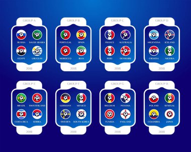 Futbol Dünya Şampiyonası gruplar. Vektör ülke bayrakları. 2018 s