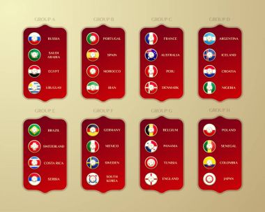 Futbol Dünya Şampiyonası gruplar. Vektör ülke bayrakları. 2018 s