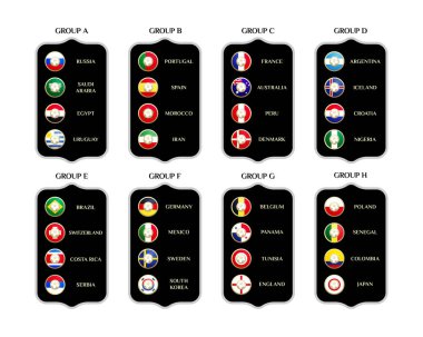 Futbol Dünya Şampiyonası gruplar. Vektör ülke bayrakları. 2018 s