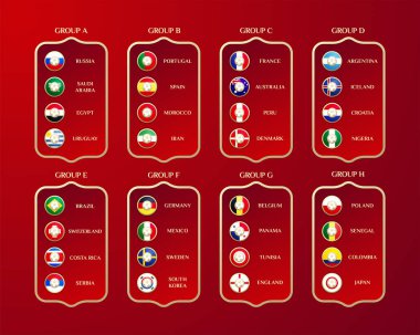Futbol Dünya Şampiyonası gruplar. Vektör ülke bayrakları. 2018 s