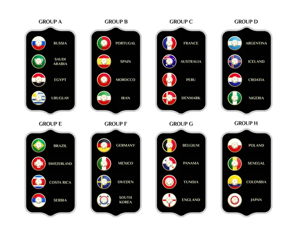 Grupos de campeonatos mundiais de futebol. Bandeiras do país vetorial. 2018 s — Vetor de Stock