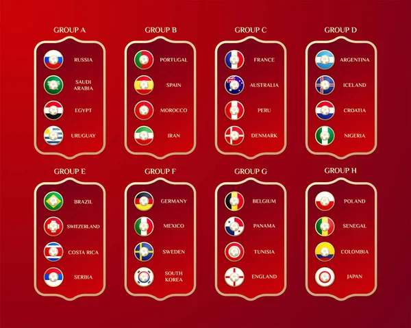 Grupos de campeonatos mundiais de futebol. Bandeiras do país vetorial. 2018 s —  Vetores de Stock