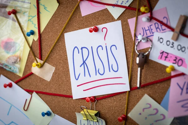 Crisis concept. Close-up view of a detective board with evidence