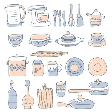 Collection of glassware, kitchenware and cookware. Set of kitche clipart