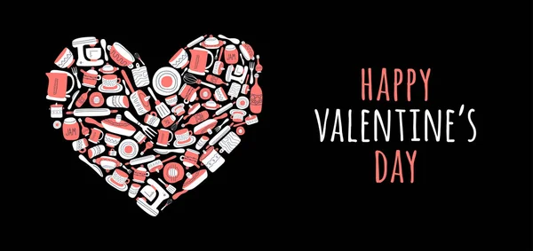 Feliz día de San Valentín con Conjunto de equipos de cocina vectorial en doo — Vector de stock