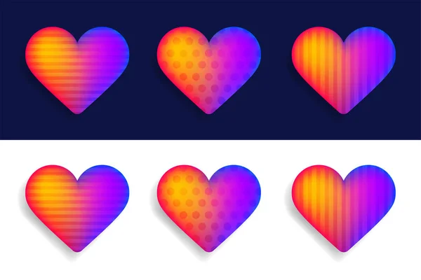 Conjunto vectorial de corazones realistas coloridos con sombra en la espalda oscura — Archivo Imágenes Vectoriales