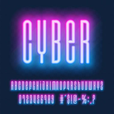 Neon vektör yazı tipi. Parlak mavi ve pembe büyük harfler ve uyuşmuş