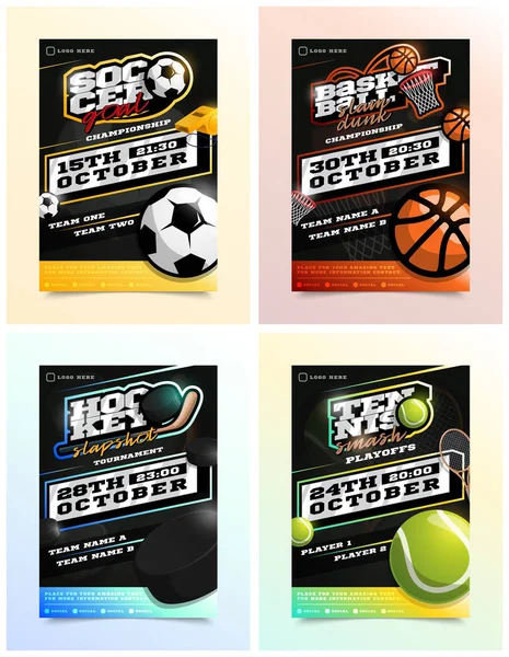 Sport Flyer Ad Set Vector. Ice Hockey, Basketball, Tennis, Socce — Stock Vector