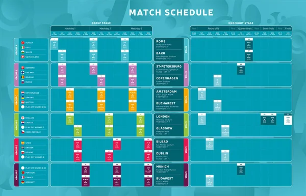 Futbol 2020 turnuva final aşaması maç programı, şablon fo — Stok Vektör