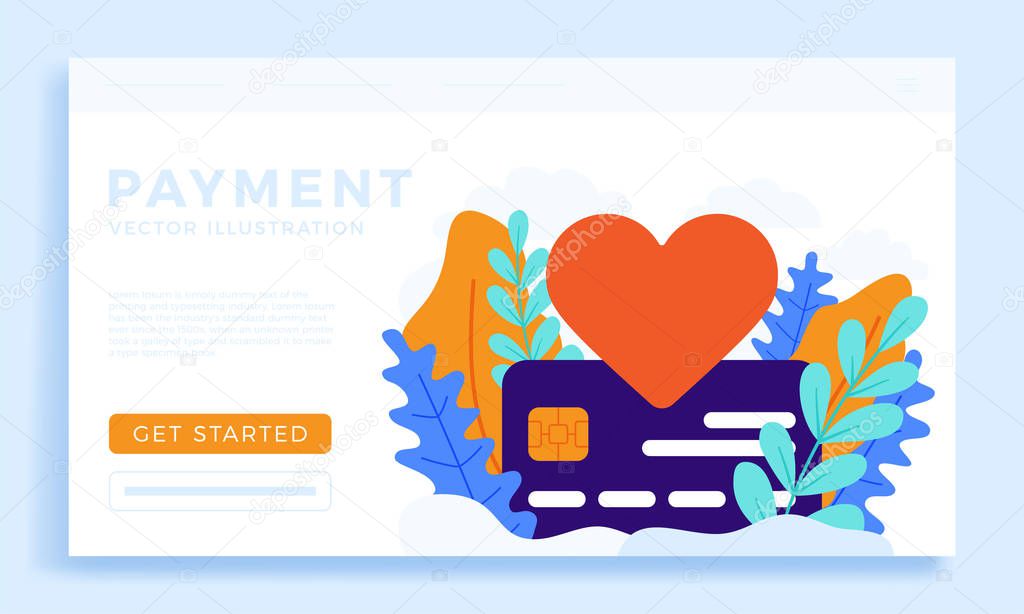 Heart sign and Credit Card Vector stock illustration. Flat style Payment illustration for landing page or presentation. The concept of payment of love or promotion in social networks. Like cheat.
