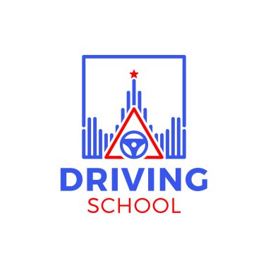 Driving school vector logo. Book, car wheel, road sign and colle