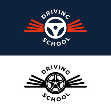 Driving school vector logo. Book, car wheel, wing logo design. T