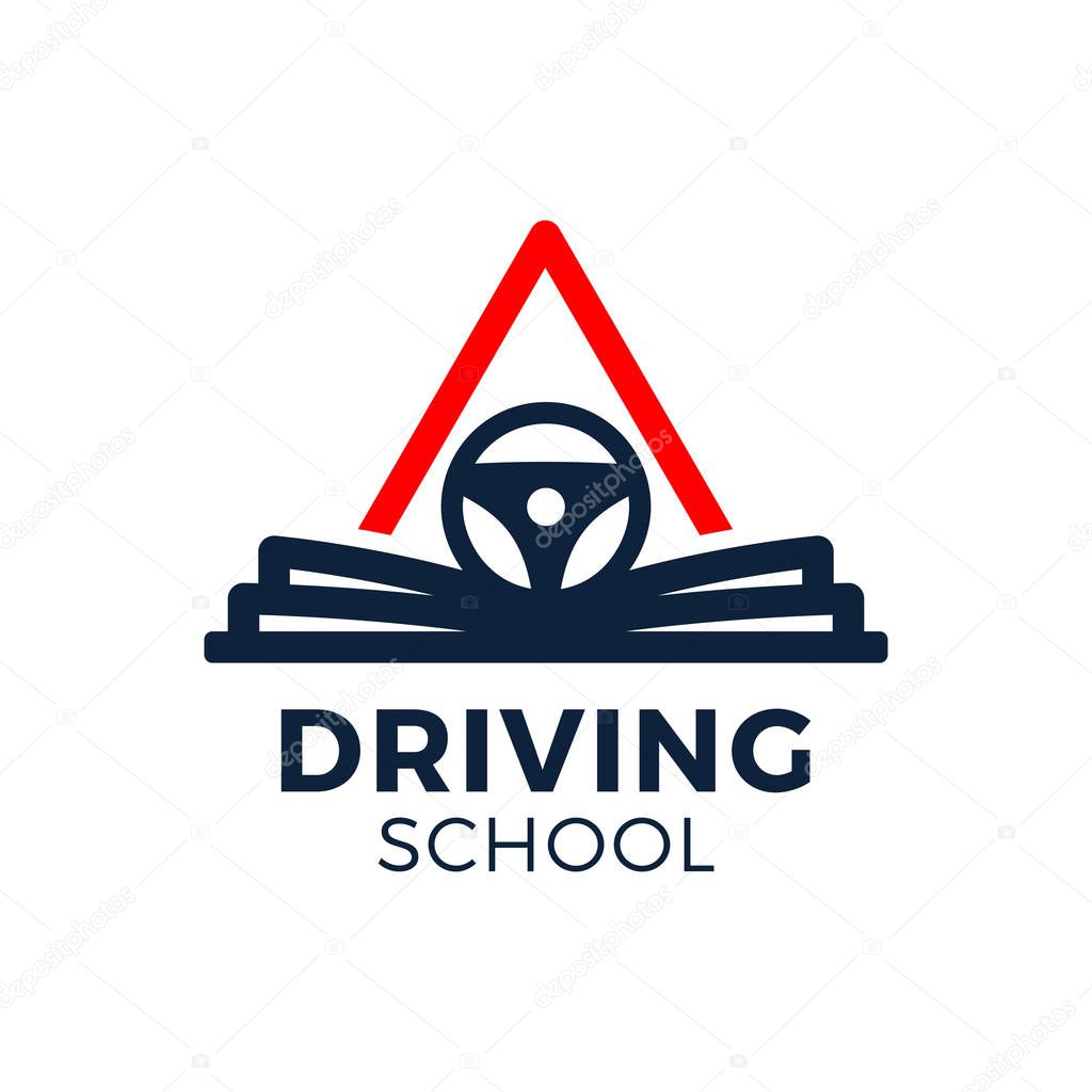 Driving school vector logo. Book, car wheel, road sign and college logo design. Training, vehicle, transport and transportation, vector design and illustration