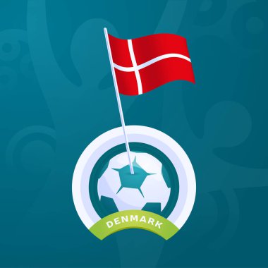 Bir futbol topuna tutturulmuş Danimarka vektör bayrağı. Avrupa futbolu 2020 turnuvasının son aşaması. Resmi şampiyonluk renkleri ve tarzı