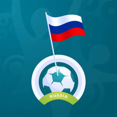Bir futbol topuna tutturulmuş Rusya vektör bayrağı. Avrupa futbolu 2020 turnuvasının son aşaması. Resmi şampiyonluk renkleri ve tarzı