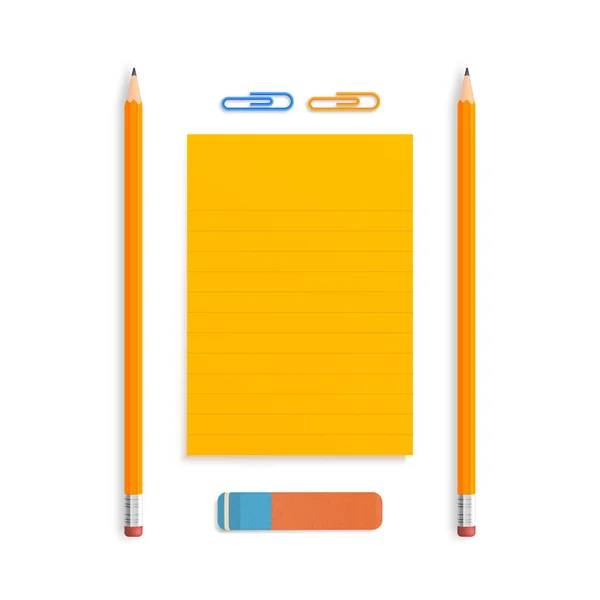 2つのオレンジベクトル現実的な鉛筆は 白い背景に隔離された裏地の紙のストライプのスタック上のゴムとクリップに横たわっています — ストックベクタ
