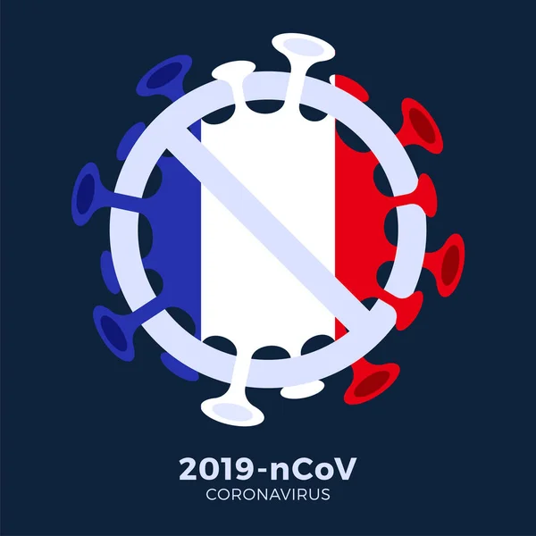 France flag Sign caution coronavirus. Stop 2019-nCoV outbreak. Coronavirus danger and public health risk disease and flu outbreak. Pandemic medical concept with dangerous cells. Vector illustration.