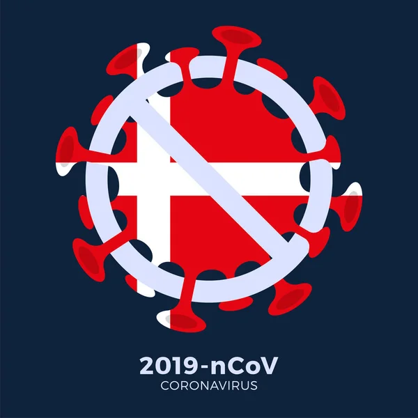 Denmark flag Sign caution coronavirus. Stop 2019-nCoV outbreak. Coronavirus danger and public health risk disease and flu outbreak. Pandemic medical concept with dangerous cells. Vector illustration.