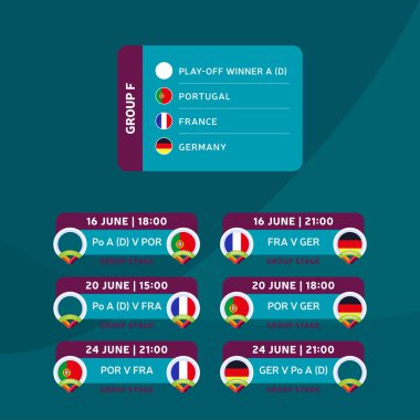Futbol 2020 turnuva final aşaması F vektör stok illüstrasyonu ve maç takvimi. 2020 Avrupa futbol turnuvası. Vektör ülke bayrakları