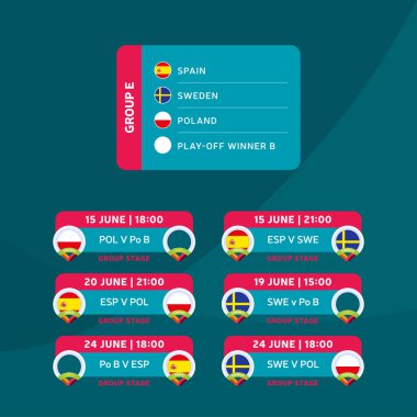 Futbol 2020 turnuva final grubu E vektör stok illüstrasyonu ve maç takvimi. 2020 Avrupa futbol turnuvası. Vektör ülke bayrakları