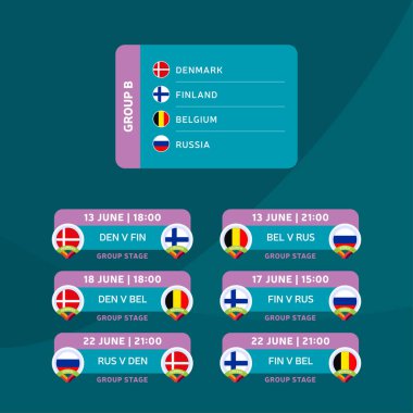 Futbol 2020 turnuva final grubu B vektör stok illüstrasyonu eşleşme takvimi ile. 2020 Avrupa futbol turnuvası. Vektör ülke bayrakları