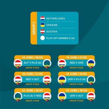 Futbol 2020 turnuva final aşaması C vektör stok illüstrasyonu ve maç takvimi. 2020 Avrupa futbol turnuvası. Vektör ülke bayrakları