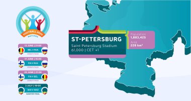 Saint Petersburg Stadyumu 'nda etiketlenmiş Isometric Rusya ülke haritası futbol karşılaşmaları illüstrasyonunda gösterilecek. Futbol 2020 turnuva final aşaması bilgileri ve ülke bilgileri