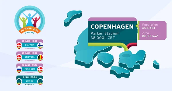 Ізометрична Карта Данії Позначена Стадіоні Копенгагена Буде Векторною Ілюстрацією Футбольних — стоковий вектор