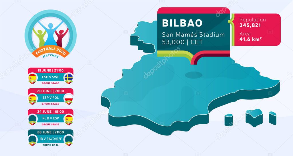 Isometric Spain country map tagged in Bilbao stadium which will be held football matches vector illustration. Football 2020 tournament final stage infographic and country info