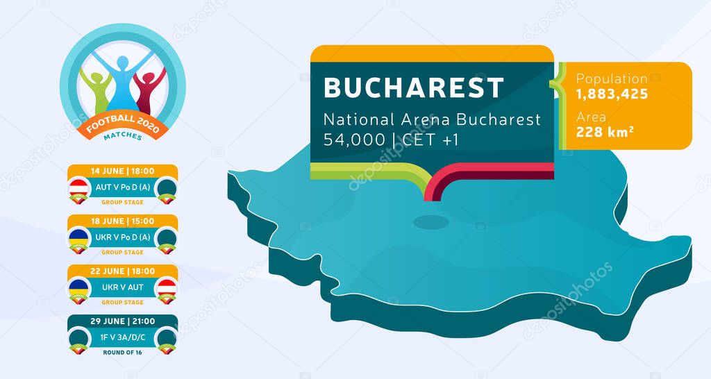 Isometric Romania country map tagged in Bucharest stadium which will be held football matches vector illustration. Football 2020 tournament final stage infographic and country info