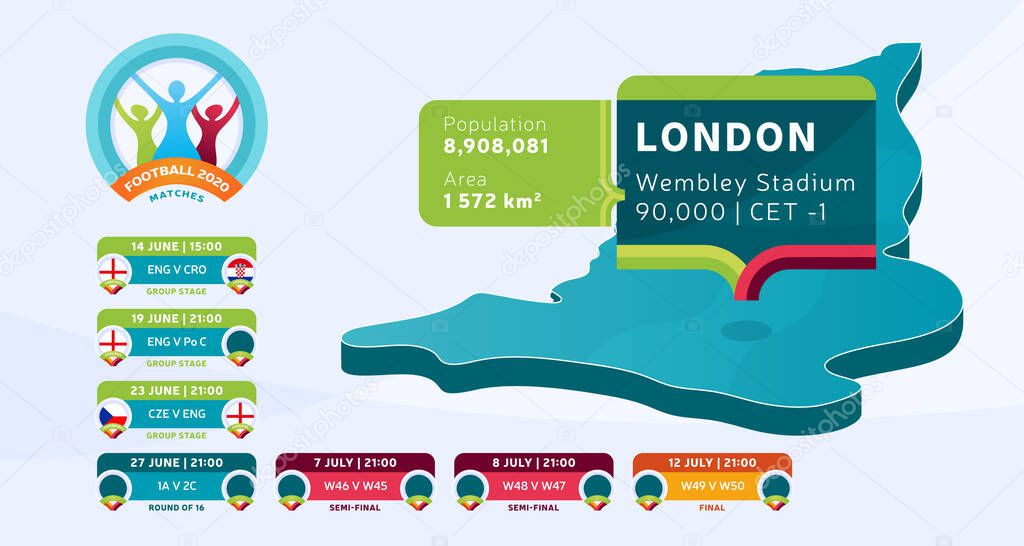 Isometric London country map tagged in England stadium which will be held football matches vector illustration. Football 2020 tournament final stage infographic and country info