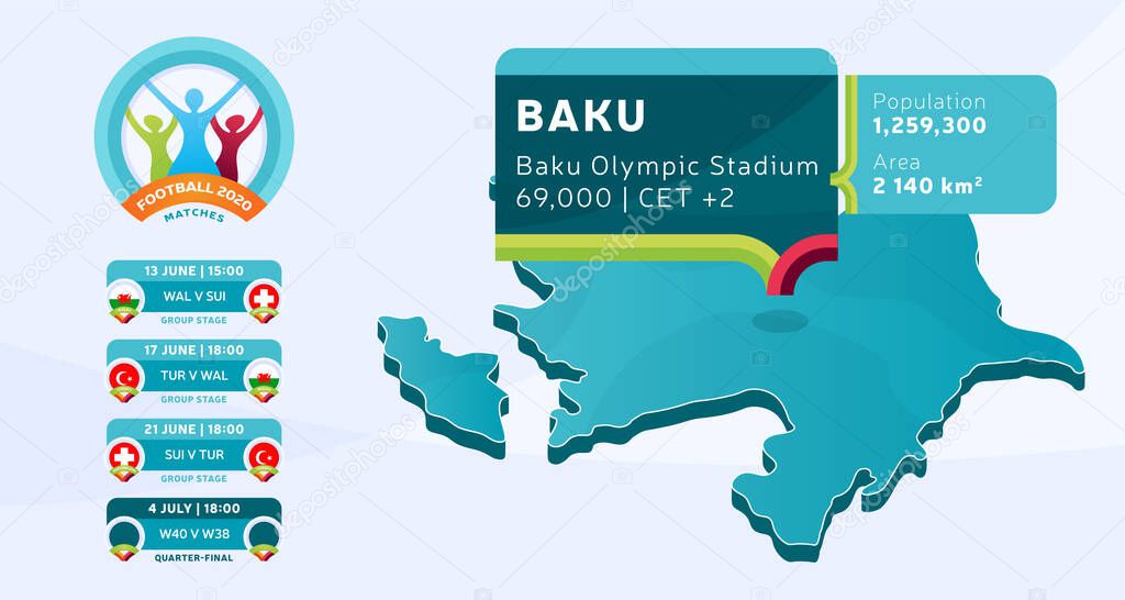 Isometric Azerbaijan country map tagged in Baku stadium which will be held football matches vector illustration. Football 2020 tournament final stage infographic and country info
