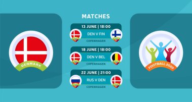 2020 Avrupa Futbol Şampiyonası 'nda Danimarka milli takımının final maçlarının programı. Resmi futbol maçlarının çakıl taşı illüstrasyonları.