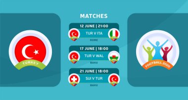 2020 Avrupa Futbol Şampiyonası 'nın son safhasında Türkiye milli takımının maçlarının programı. Resmi futbol maçlarının çakıl taşı illüstrasyonları.