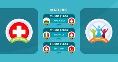 2020 Avrupa Futbol Şampiyonası 'nın son aşamasında İsviçre milli takımının maçlarının programı. Resmi futbol maçlarının çakıl taşı illüstrasyonları.