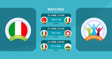 2020 Avrupa Futbol Şampiyonası 'nda İtalya milli takımının final maçlarının programı. Resmi futbol maçlarının çakıl taşı illüstrasyonları.