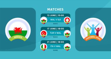 2020 Avrupa Futbol Şampiyonası 'nda Galler milli takımının final maçlarının programı. Resmi futbol maçlarının çakıl taşı illüstrasyonları.
