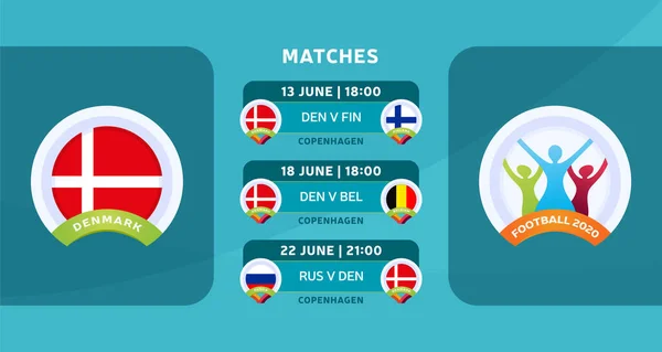 欧州サッカー選手権2020の最終段階でデンマーク代表チームの試合のスケジュール サッカーの試合の公式砂利とベクトルイラスト — ストックベクタ