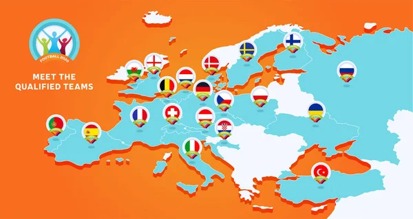 Mistrzostwa Europy Piłce Nożnej 2020 Ilustracja Wektora Mapą Europy Zaznaczoną — Wektor stockowy