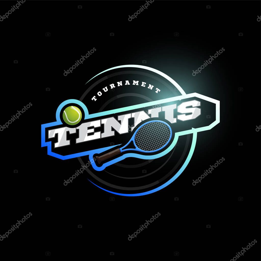 Tennis vector modern professional sport typography logotype in retro style. Vector design emblem, badge and sporty template logo design