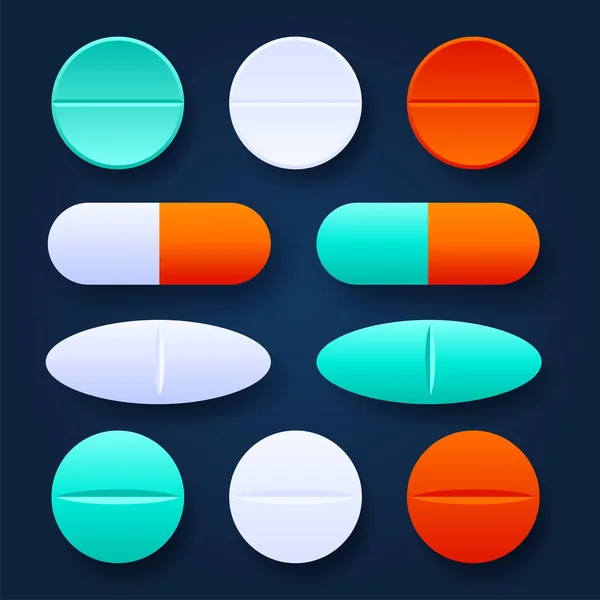 Comprimidos Coloridos Comprimidos Conjunto Realista Formas Farmacêuticas Conceito Médico Cuidados —  Vetores de Stock