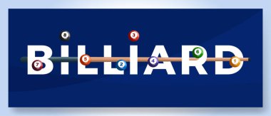 Vector tipografi kelime bilardo logosu. Yazdırma tasarımı vektör illüstrasyonu için ekipmanlı spor logosu