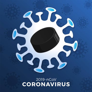 Hokey puck vektör işareti dikkat koronavirüs. Covid-19 salgınını durdurun. Coronavirus tehlikesi ve halk sağlığı risk hastalığı ve grip salgını. Spor etkinliklerinin iptali ve eşleşme kavramı