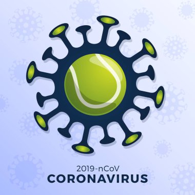 Tenis topu vektörü. Dikkatli koronavirüs işareti. Covid-19 salgınını durdurun. Coronavirus tehlikesi ve halk sağlığı riski olan grip salgını. Spor etkinliklerinin iptali ve eşleşme kavramı