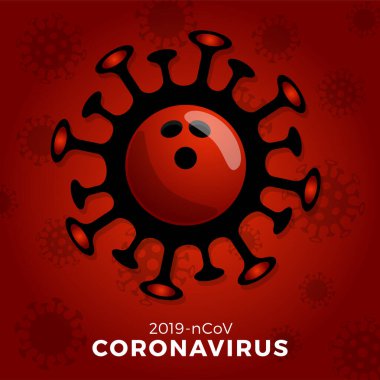 Bowling topu vektörü. Koronavirüs uyarısı. Covid-19 salgınını durdurun. Coronavirus tehlikesi ve halk sağlığı risk hastalığı ve grip salgını. Spor etkinliklerinin iptali ve eşleşme kavramı