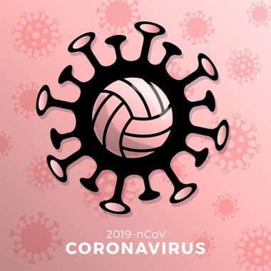 Voleybol vektörü. Dikkatli koronavirüs işareti. Covid-19 salgınını durdurun. Coronavirus tehlikesi ve halk sağlığı risk hastalığı ve grip salgını. Spor etkinliklerinin iptali ve eşleşme kavramı