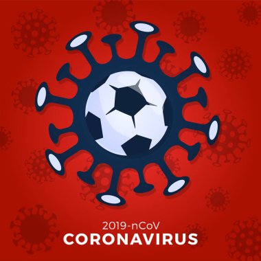 Futbol ya da futbol topu vektörü uyarı koronavirüsü. Covid-19 salgınını durdurun. Coronavirus tehlikesi ve halk sağlığı riski olan grip salgını. Spor etkinliklerinin iptali ve eşleşme kavramı
