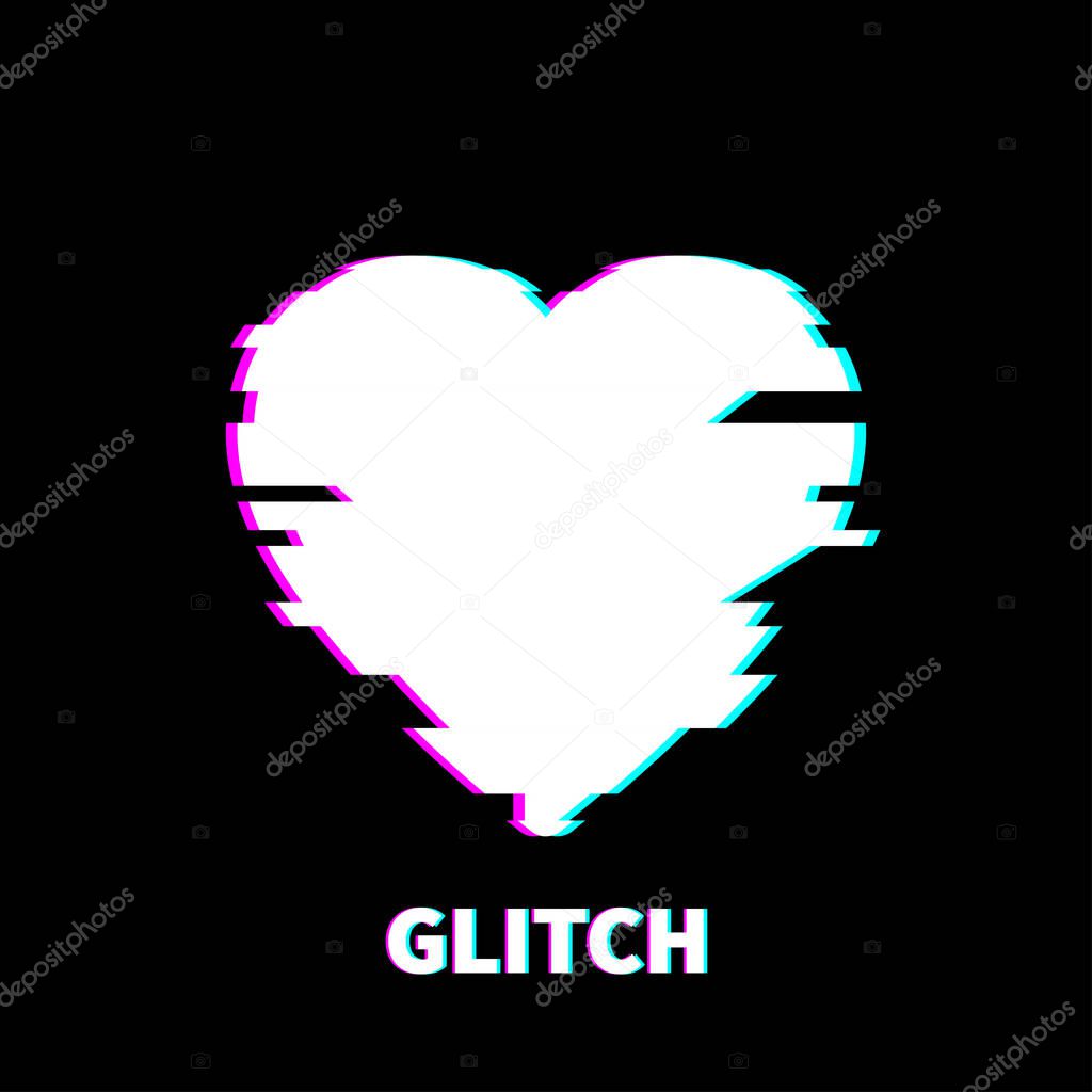 Vector Glitch Heart Icon, Technology Illustration Background, White Love Symbol on Black Backdrop.