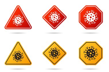Coronavirus yol işareti seti. Corona Virüsü Bakteri Hücre Simgesi, 2019-NCoV trafik işaretlerinde. COVID-19 uyarı sembolü, MERS-Cov, Roman Coronavirus. Salgın için vektör simgesi